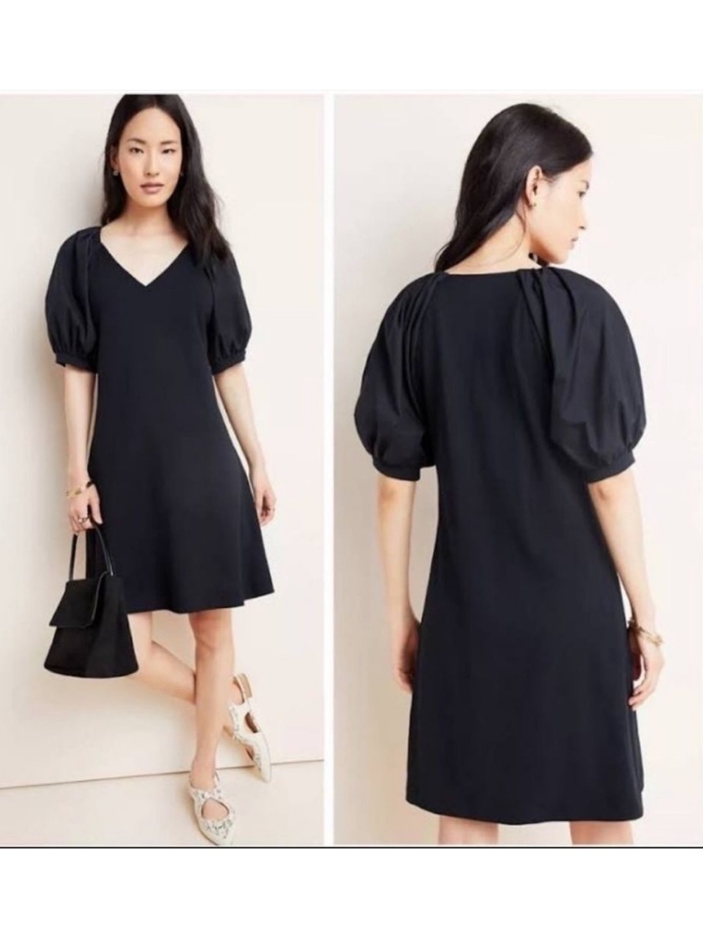 Maeve by Anthropologie Annika Knit Dress Size Medium Black Puff Sleeve Peasant